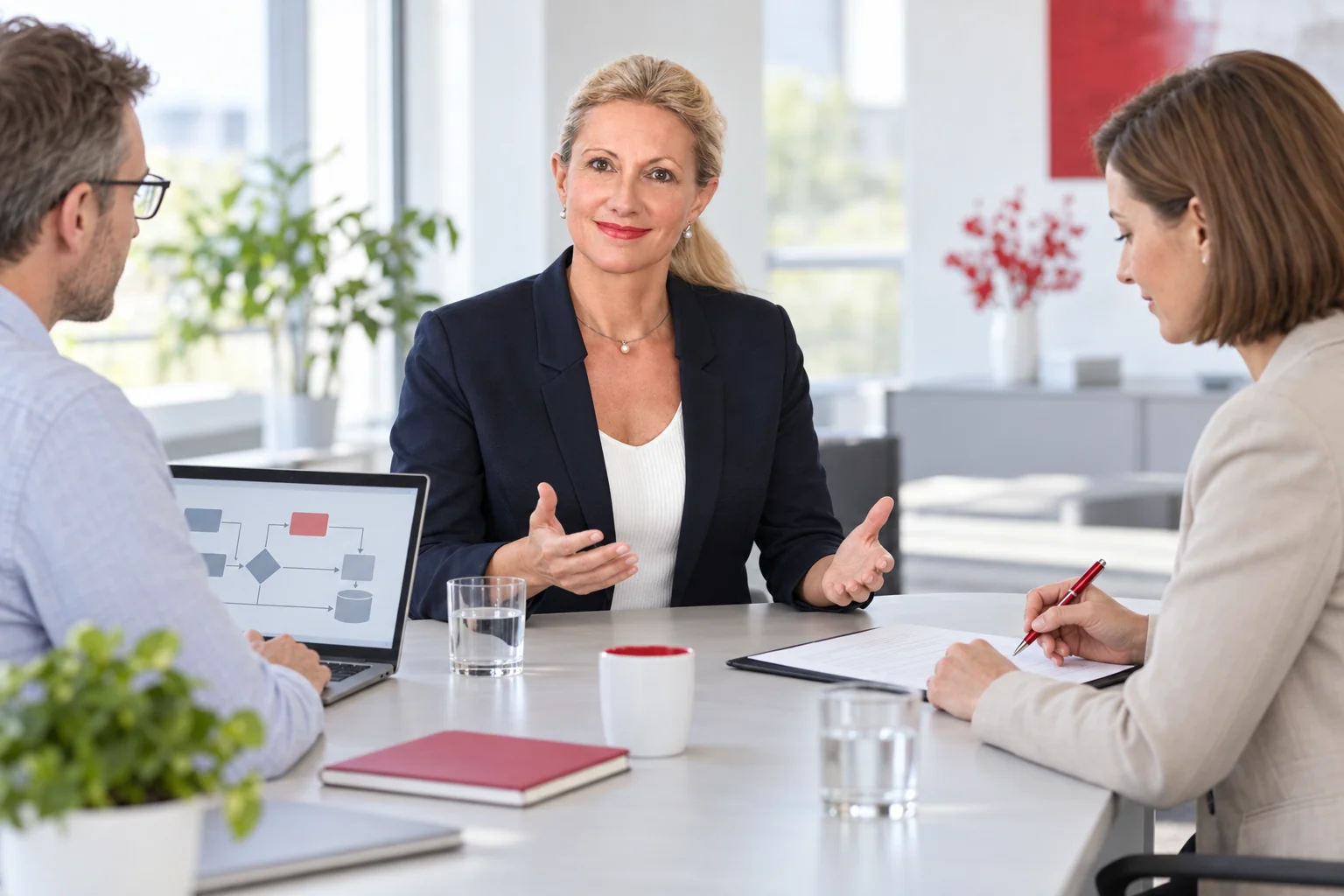 KI-generierte Beratungsszene: Annette Adler moderiert zwischen IT und Auftraggeberin.