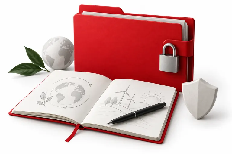 KI-generiertes Symbolbild: Geschützte Dokumente, Notizbuch und Stift als Symbolbild für Datenschutz und kreative Rechte.