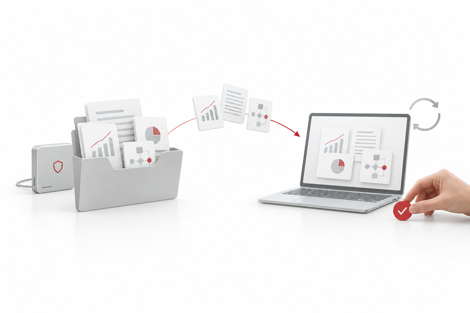 Illustration: Berichte und Grafiken werden aus einer gesicherten Ablage geprüft auf einen Laptop übertragen und mit einem Häkchen freigegeben.