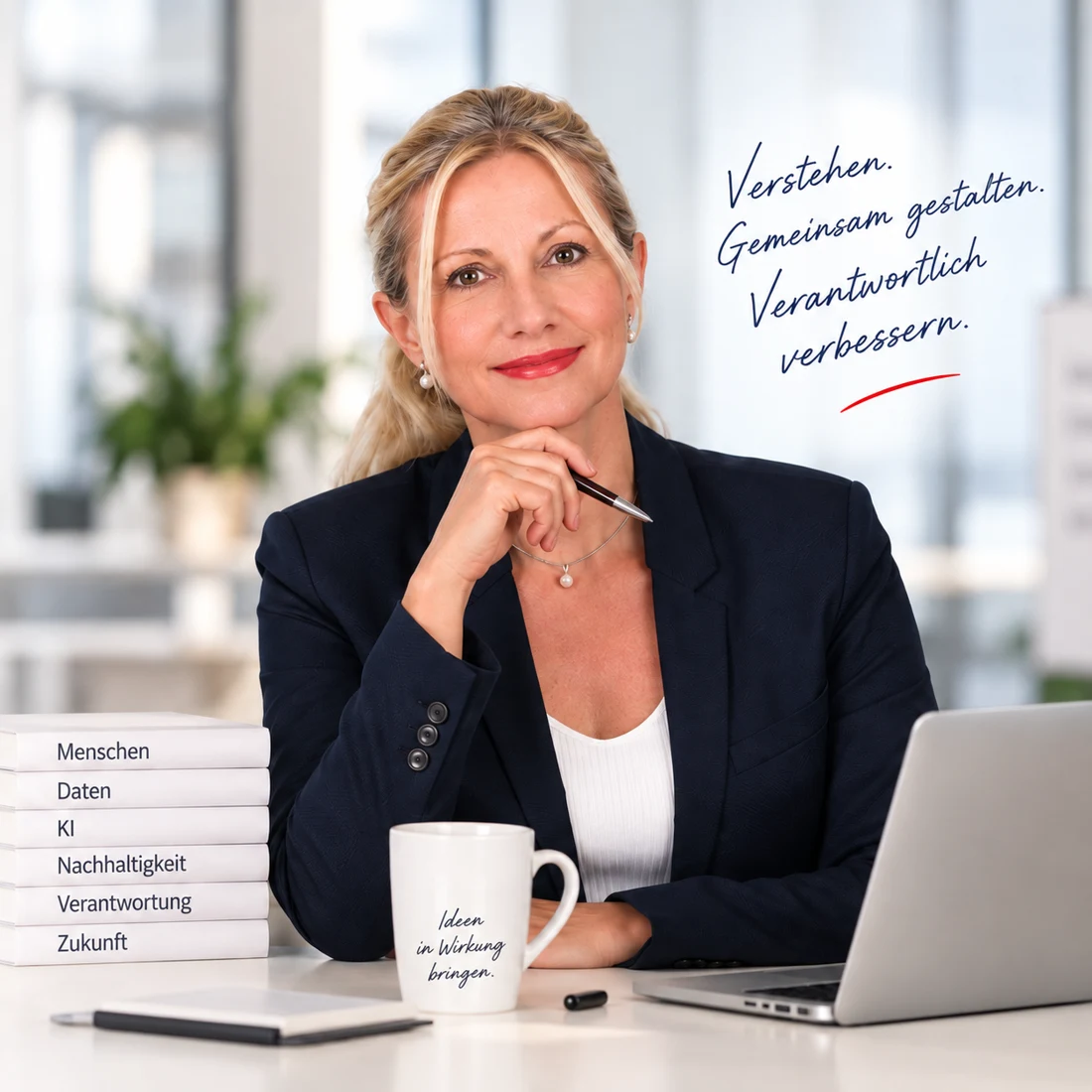 Annette Adler am Schreibtisch mit Stift in der Hand. Neben ihr steht handschriftlich: Verstehen. Gemeinsam gestalten. Verantwortlich verbessern.