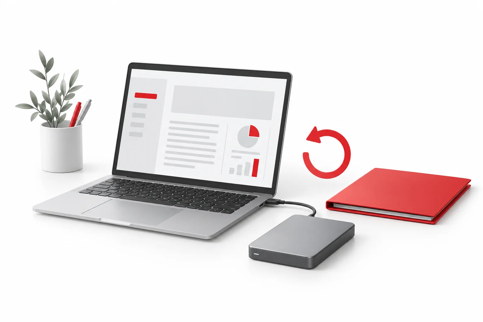 Symbolische Illustration: Laptop, externe Sicherung und Bericht stehen für einen erprobten Wiederanlauf.