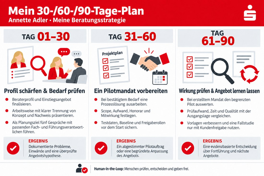 Infografik: Mein 30-/60-/90-Tage-Plan mit den Phasen Profil schärfen, Pilotmandat vorbereiten und Wirkung prüfen