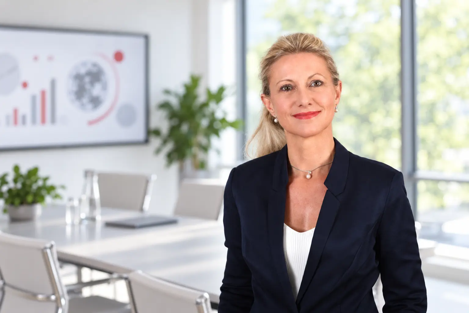 Annette Adler vor einem hellen Beratungsraum mit Blick ins Grüne und dezenten Datengrafiken
