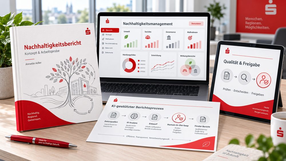 Arbeitsprobe Nachhaltigkeitsbericht: Dashboard-Ansicht, Berichtscover und Qualitätssicherung