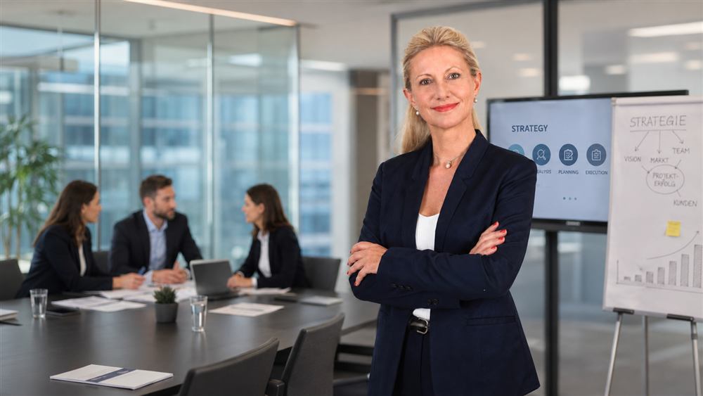Annette Adler im Meetingraum, Bildschirm zeigt Strategie-Präsentation