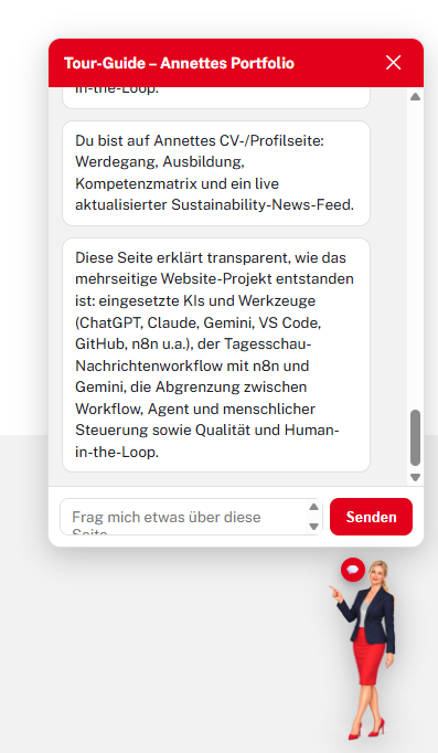 Screenshot des Tour-Guide-Chatfensters mit Gesprächsverlauf und Eingabefeld auf Annettes Portfolio-Website