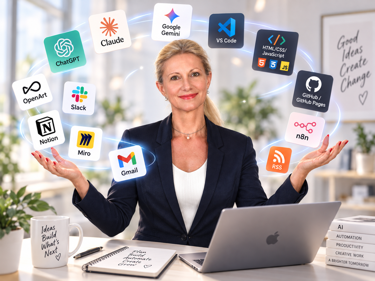 Illustration: Annette Adler umgeben von den Logos der eingesetzten Werkzeuge – ChatGPT, Claude, Google Gemini, VS Code, HTML/CSS/JavaScript, GitHub, n8n, RSS, OpenArt, Slack, Notion, Miro und Gmail.