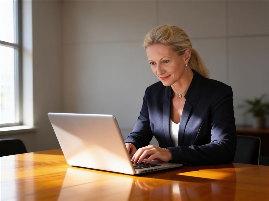 Am Laptop arbeitend, helles Büro