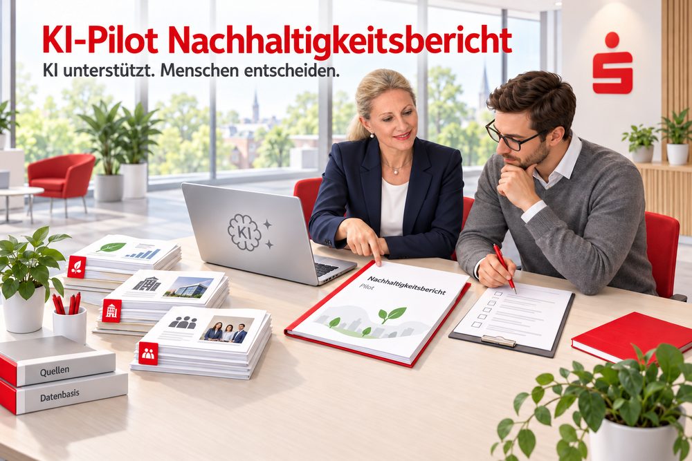 Zwei Personen besprechen am Konferenztisch einen KI-Pilot-Nachhaltigkeitsbericht