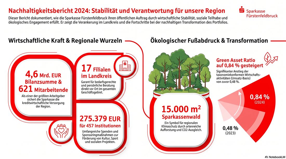 Infografik: Nachhaltigkeitsbericht 2024 der Sparkasse Fürstenfeldbruck – Kennzahlen und ökologischer Fußabdruck