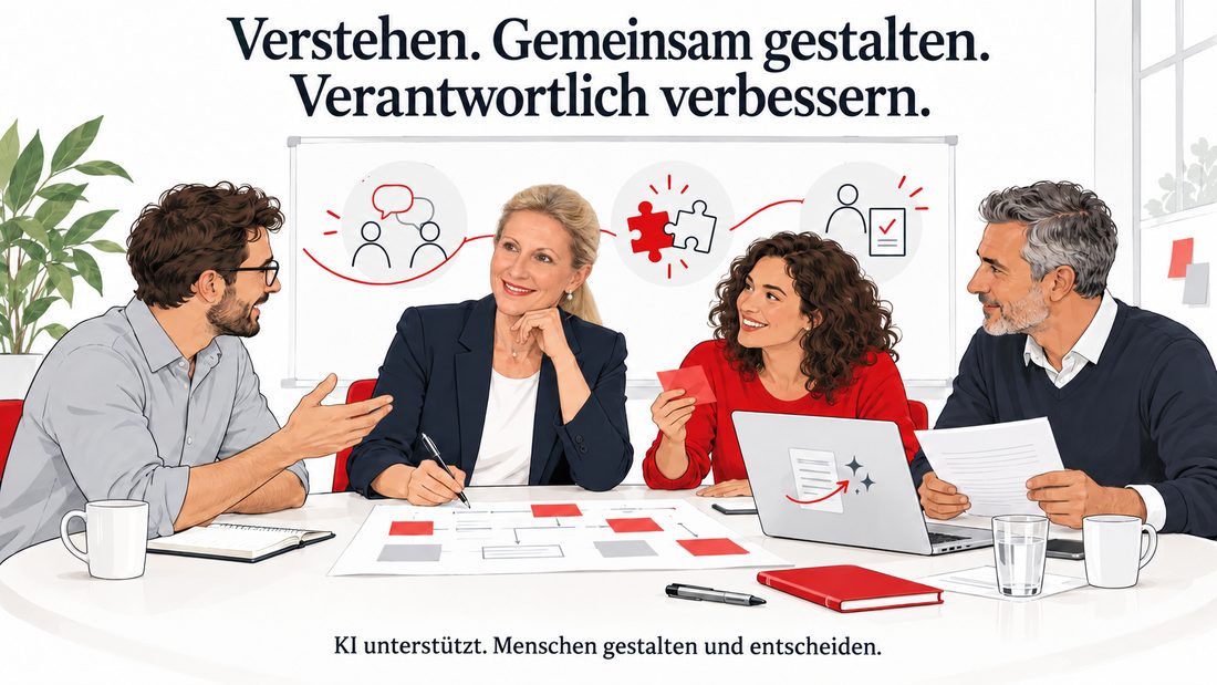 Team im Gespräch vor einem Whiteboard mit Symbolen für Verstehen, Gemeinsam gestalten und Verantwortlich verbessern