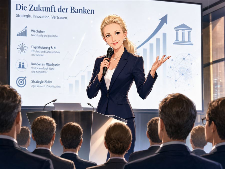 KI-generierte Illustration: persönliche Zukunftsvision als Rednerin zum Thema Zukunft der Banken