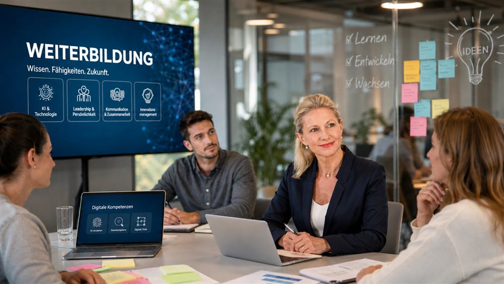 Meetingraum mit Bildschirm: Weiterbildung – Wissen. Fähigkeiten. Zukunft.